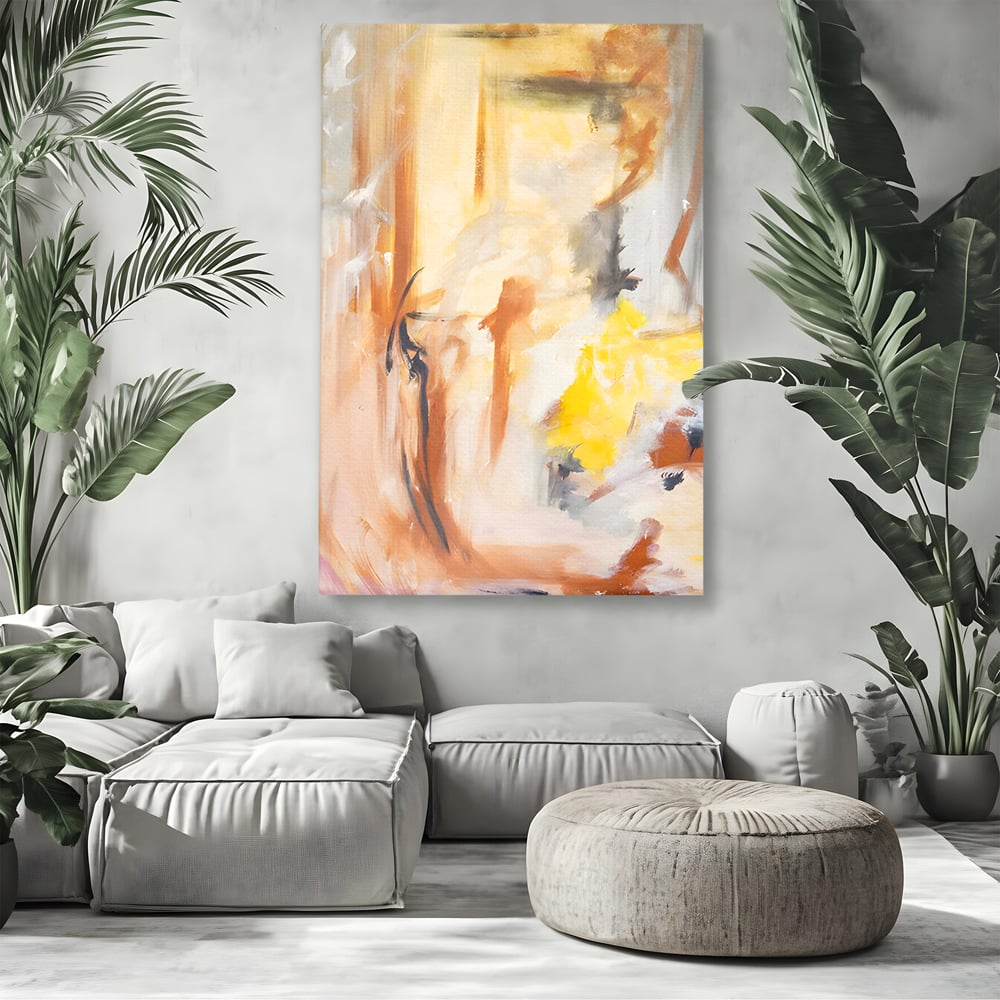 Tablou canvas cu pictura abstracta cu pete aurii si maronii, fara rama, pe sasiu de lemn, pe perete intr-un living
